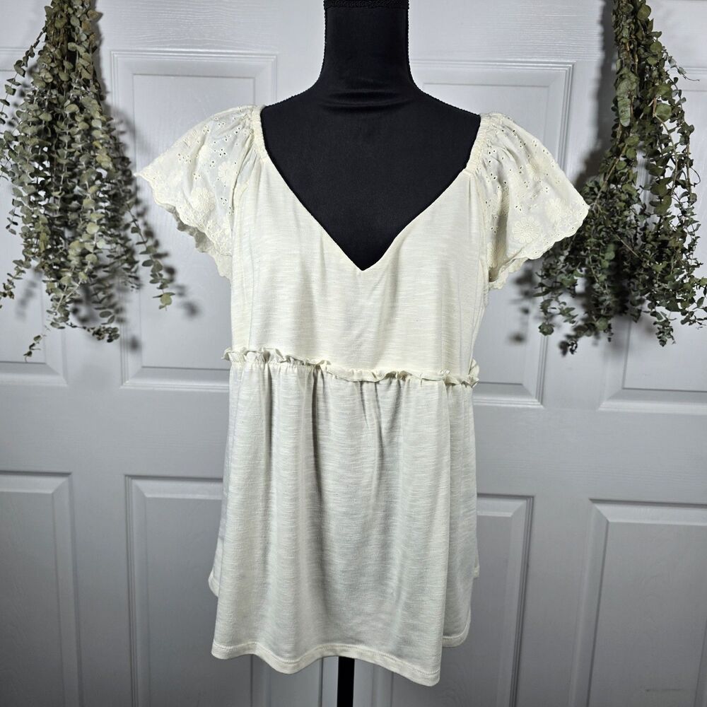 True Craft Womens White Crochet Lace Flutter Sleeve Flowy Blouse 1X